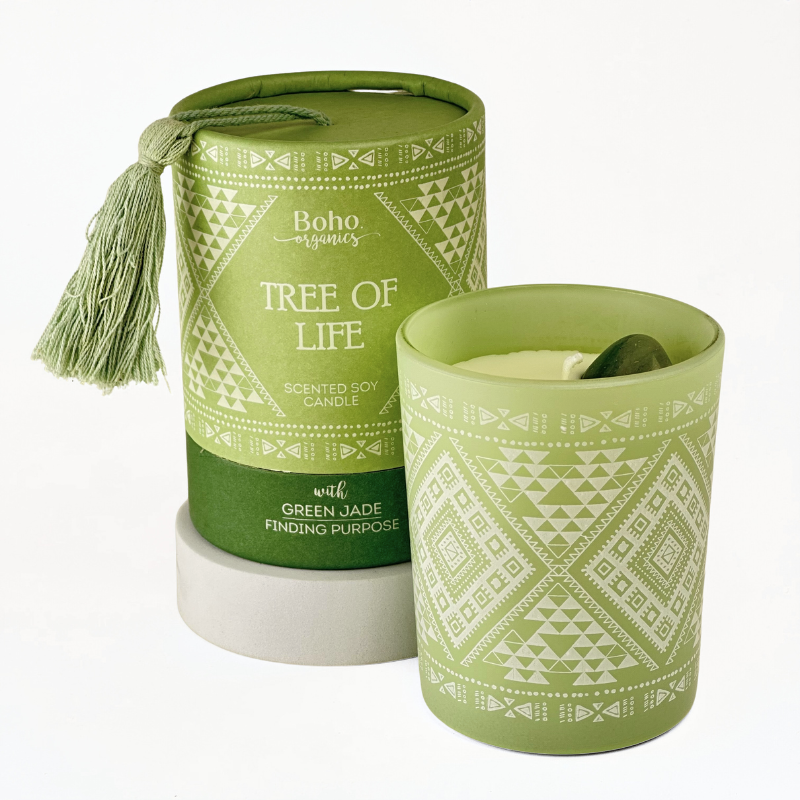 Vela Boho Árbol de la Vida con Piedra Jade 200gr