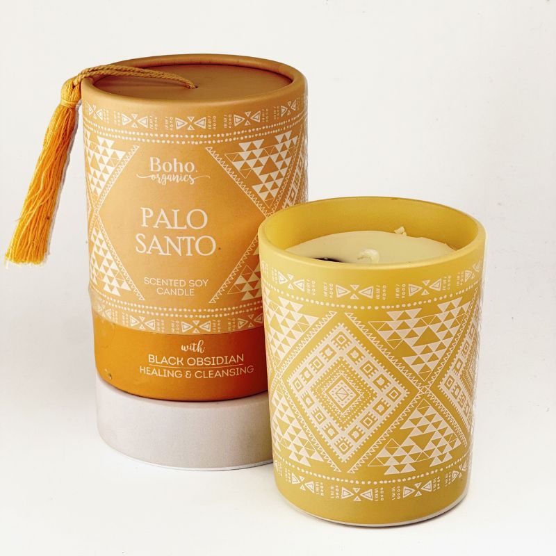 Vela Boho Palo Santo con Piedra Obsidiana 200gr