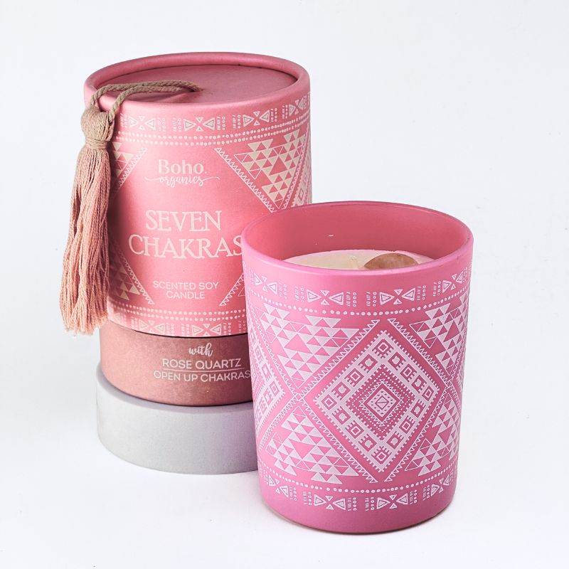 Vela Boho 7 Chakras con Piedra Cuarzo Rosa 200gr