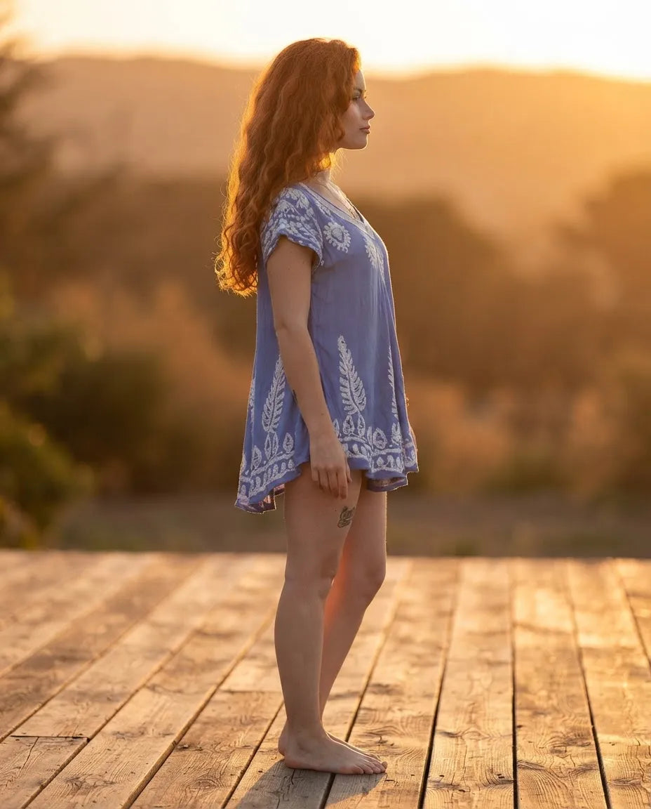 Blusa Vestido Devika Azul con Blanco
