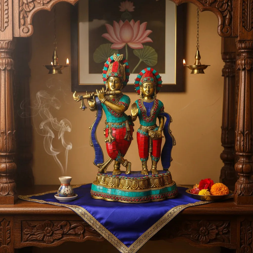 Radha Krishna Bronce con Piedras 35 cm