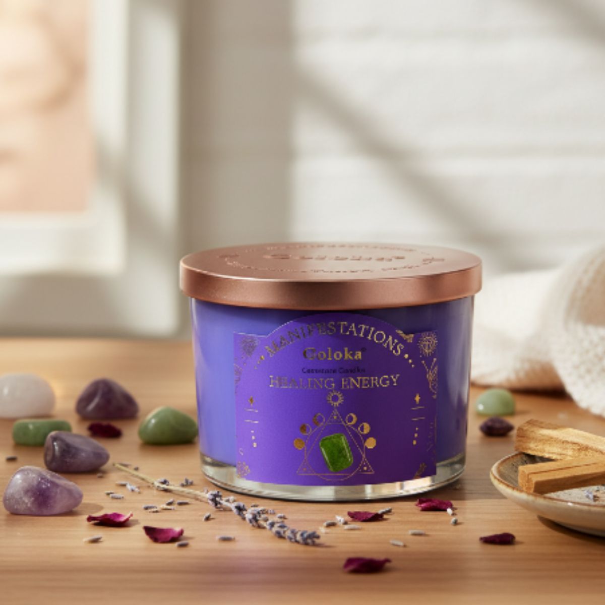 Vela Lavanda con Aventurina Verde - Energía Sanadora