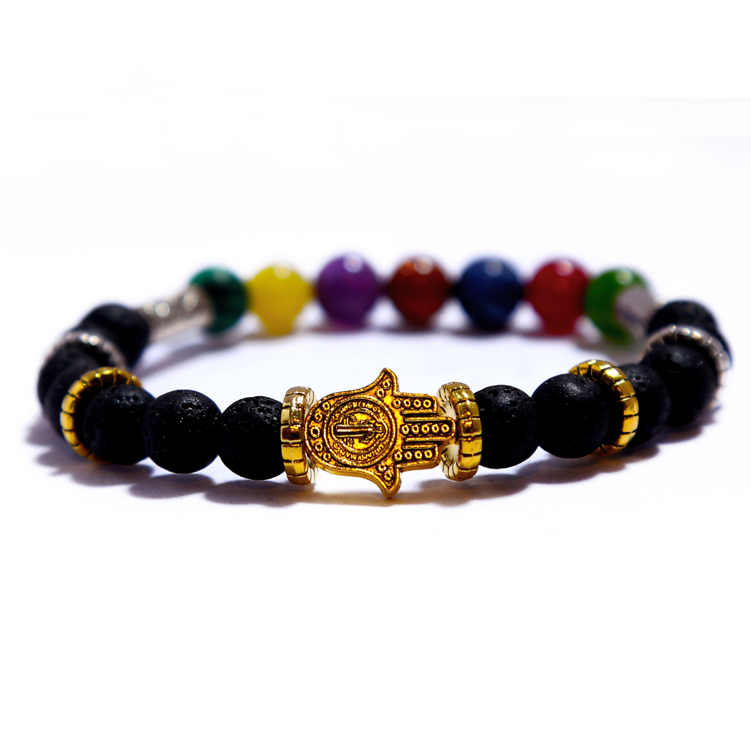Pulsera Mano de Fatima Piedra Volcanica 7 Chakra
