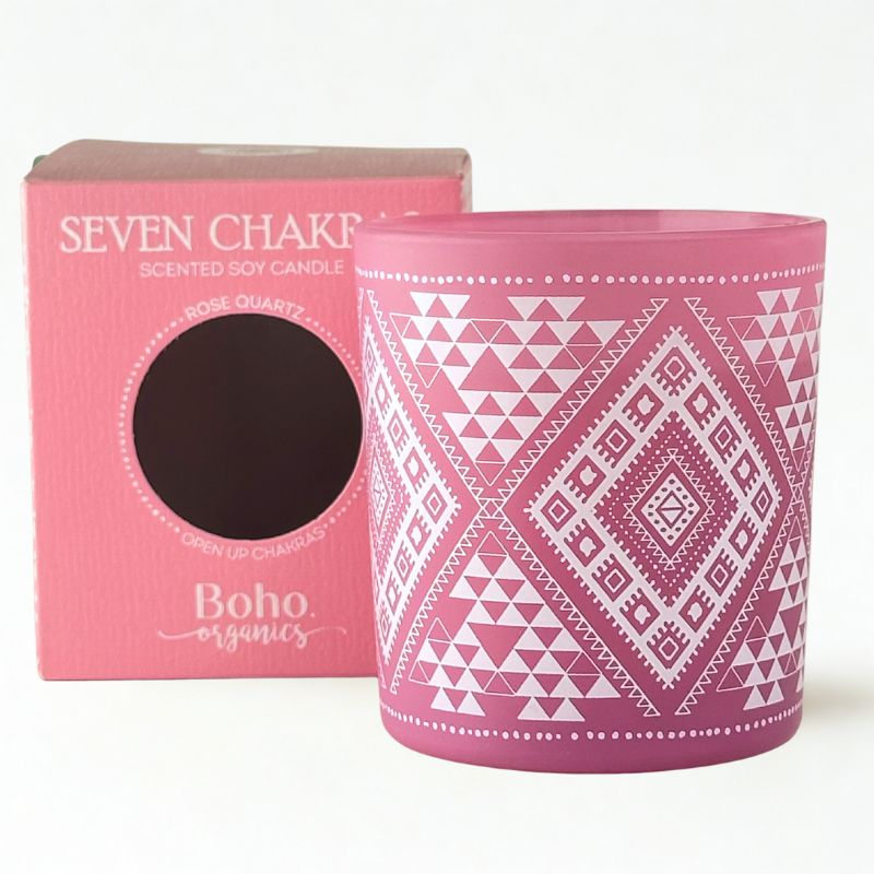 Vela Boho 7 Chakras con Piedra Cuarzo Rosa 120gr