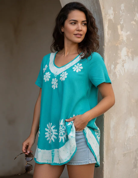 Blusa Vestido Deepti Aqua con Blanco