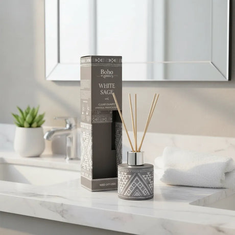 Difusor de Varilla Boho Salvia Blanca con Piedra Cuarzo Cristal