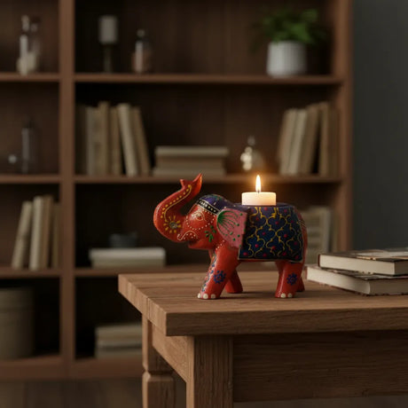 Porta Vela de Madera Elefante Rojo