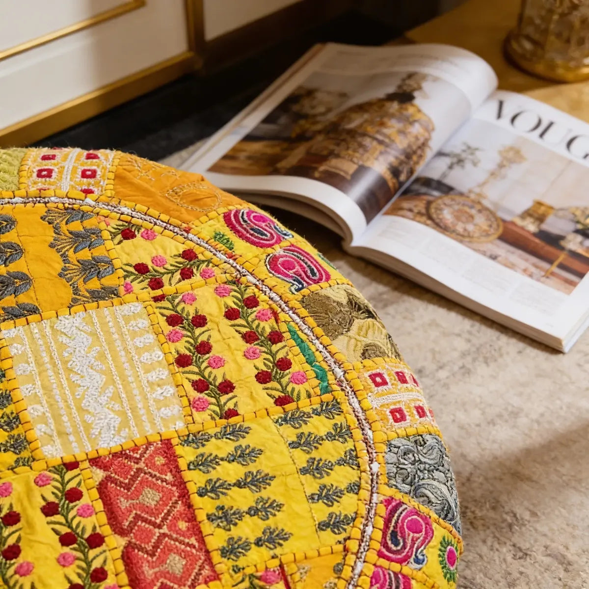 Cojin de Suelo Patchwork Amarillo Redondo Extra Grande