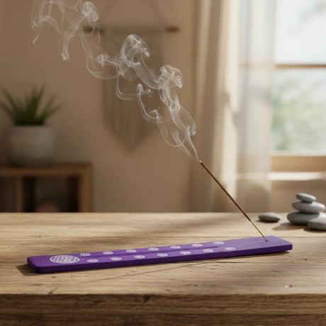 Tabla Porta Incienso Madera Flor de la Vida Morado