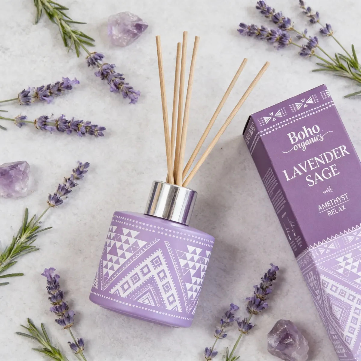 Difusor de Varilla Boho Lavanda Salvia con Piedra Amatista