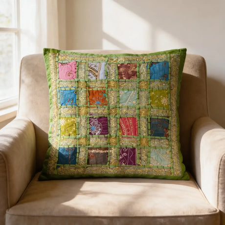 Funda de Cojín Verde con Parches Brillosos