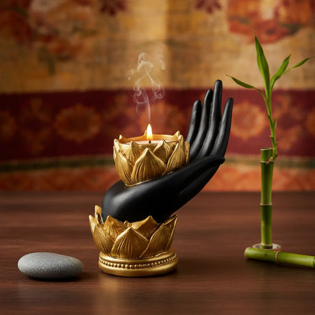 Porta Vela Mano Hindú Dorado Negro