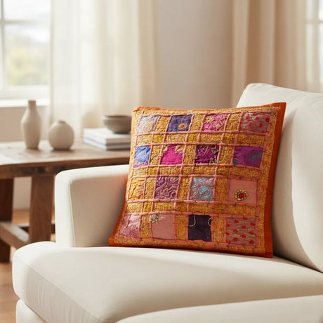 Funda de Cojín Mostaza con Parches Brillosos