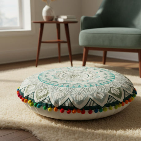 Cojin Boho Verde Redondo Grande