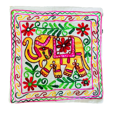 Funda de Cojín Bordado a mano - Elephant Yellow-Green