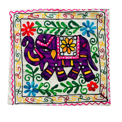 Funda de Cojín Bordado a mano - Elephant Purple - Green